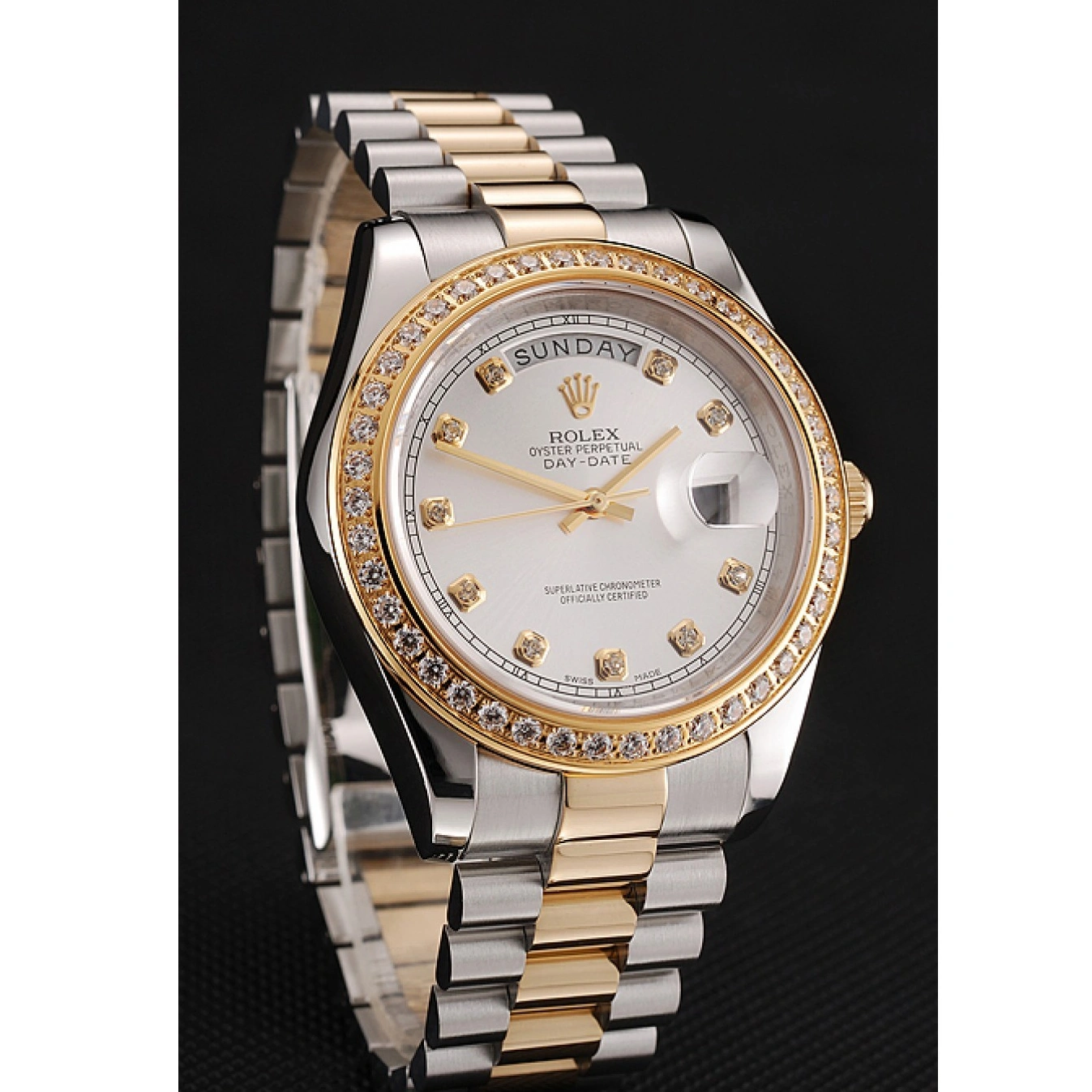 Aaa fake watches Dial 1453971 White Steel Gold Bracelet Stainless Diamond Day-Date Two Tone Swiss Rolex Case 1025